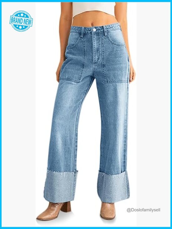 Denim - Baggy Cuffed Boyfriend Jeans Casual Straight Leg Denim Pants with Pockets